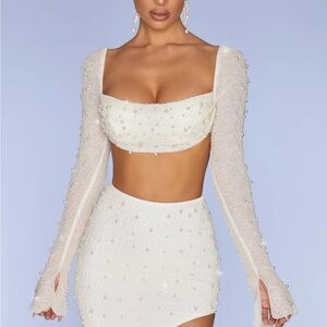 Elegant White Pearl Embellished Two-Piece Set